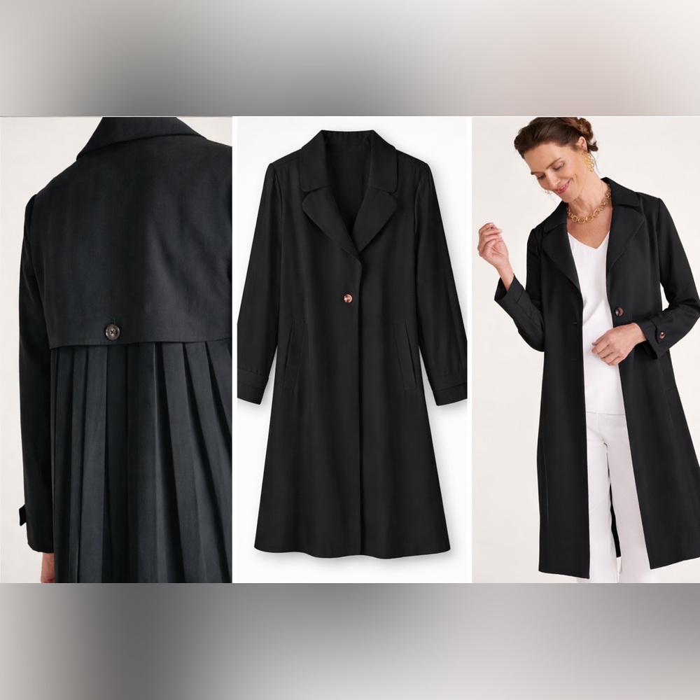 Soft Surroundings Black Pleated Back Trench Coat Size Medium - Picture 5 of 12